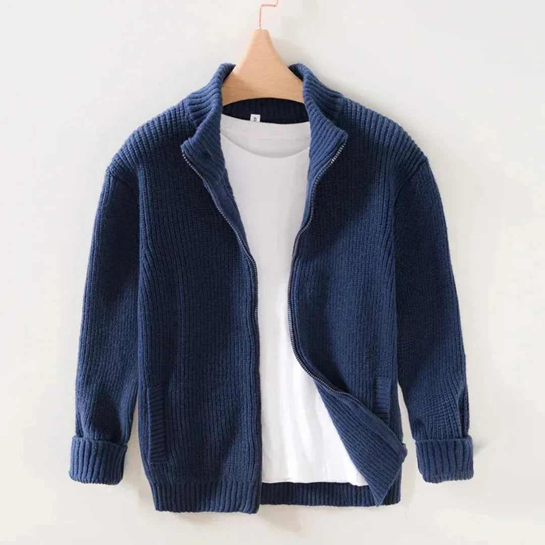 Unisex midweight knitted zip cardigan in neutral tone, soft breathable full-zip layering essential