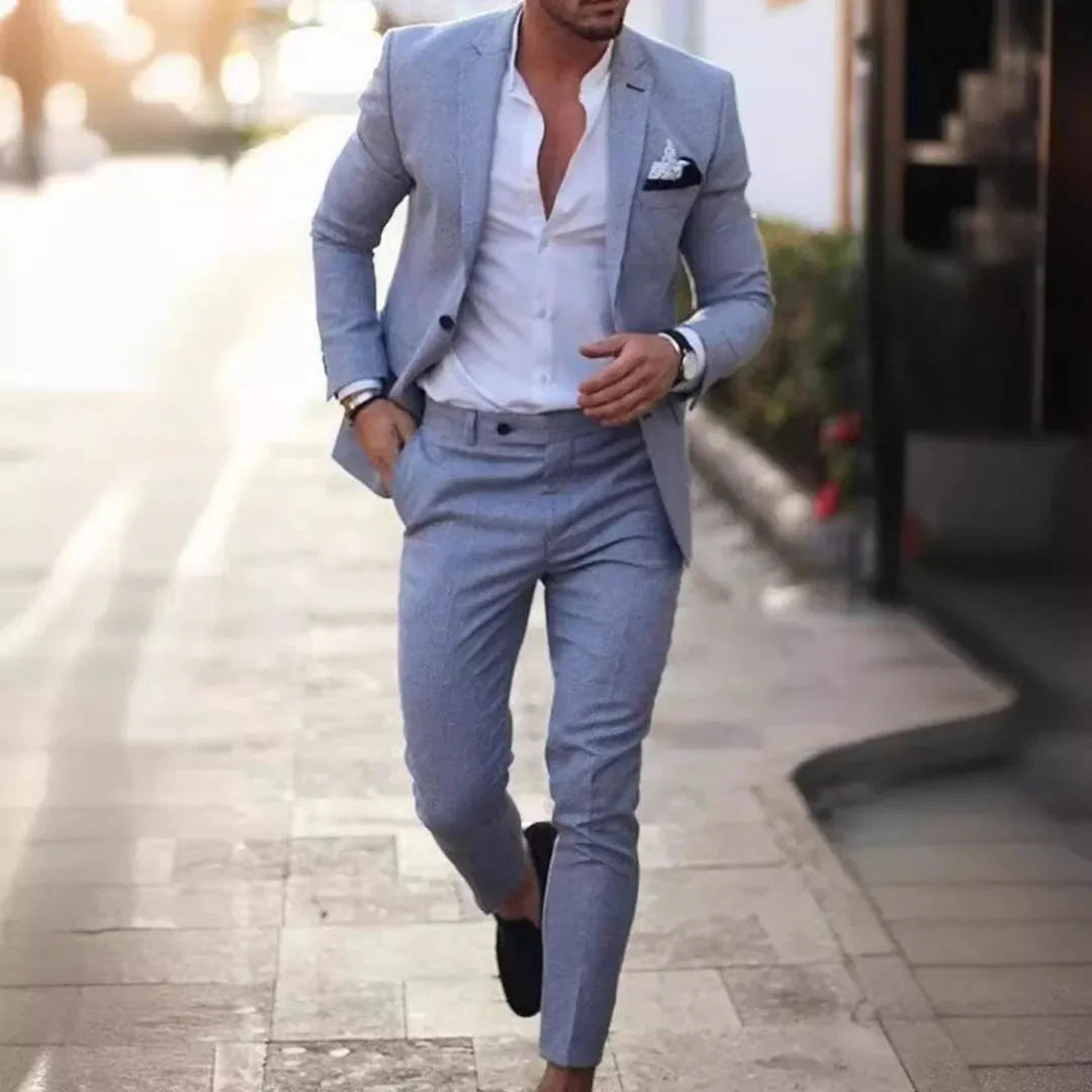 Men's slim fit two-piece cotton suit professional tailored silhouette lightweight breathable fabric