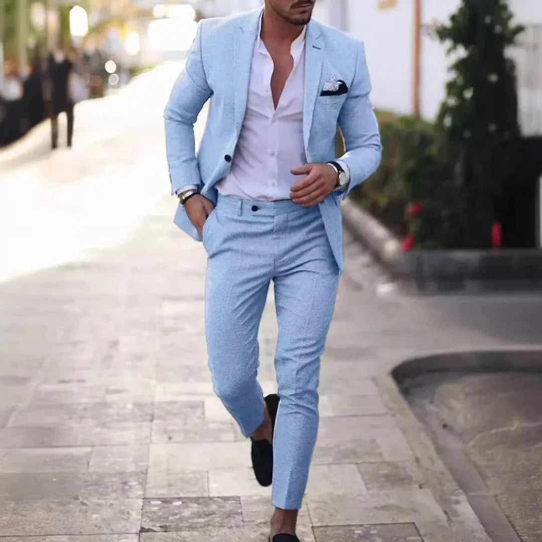 Men's slim fit two-piece cotton suit breathable lightweight tailored silhouette for professionals