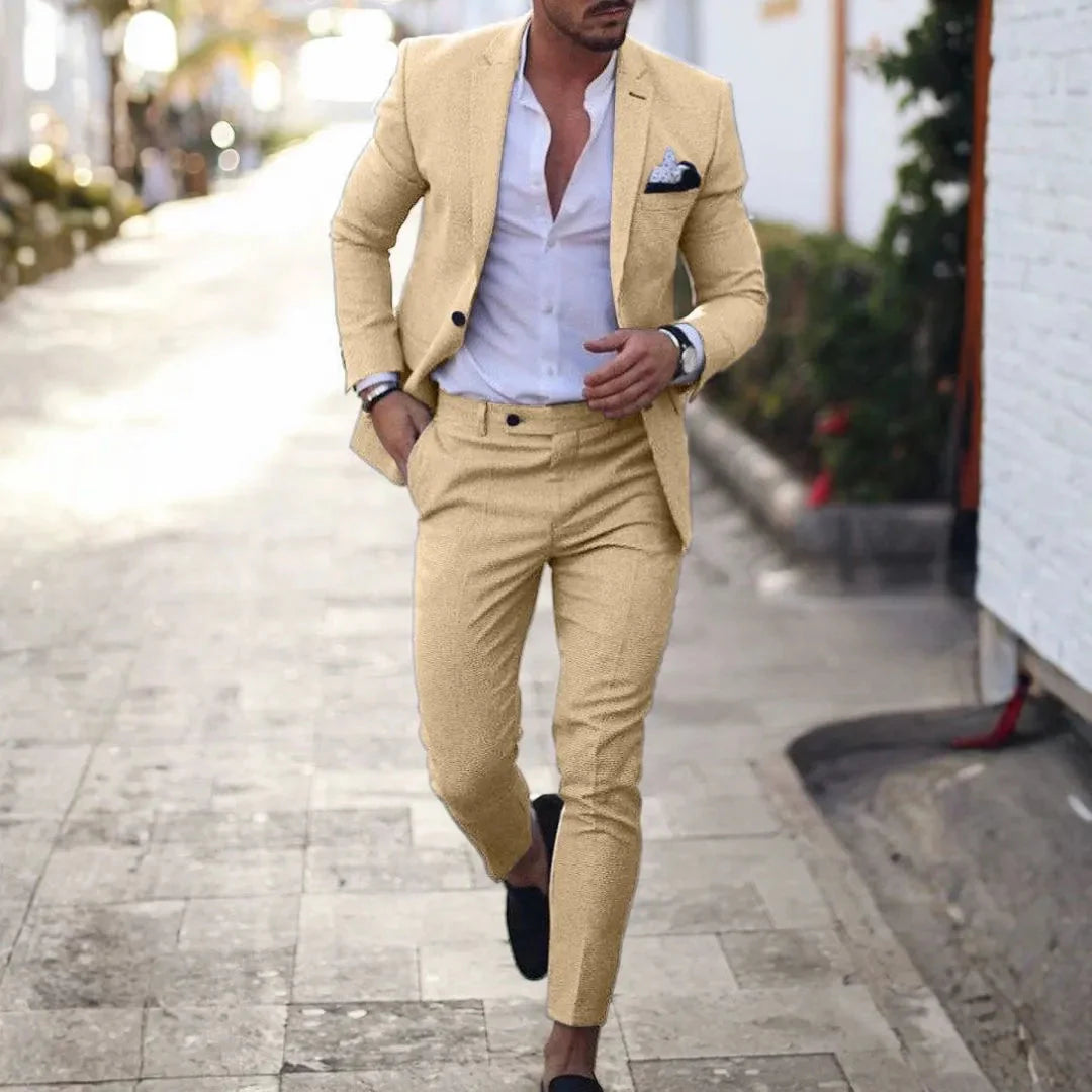 Men's slim fit two-piece cotton suit in neutral tone, tailored silhouette for all-day professional wear