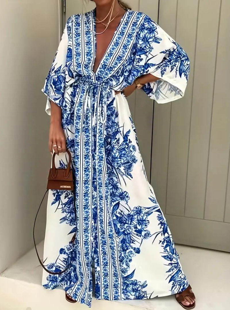 Pola silk maxi dress for women, elegant resort wear with luxurious drape and relaxed silhouette