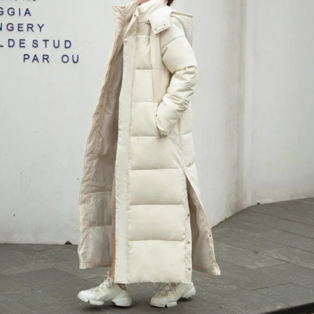 Women's long quilted winter coat full-length silhouette warm padded everyday cold weather style