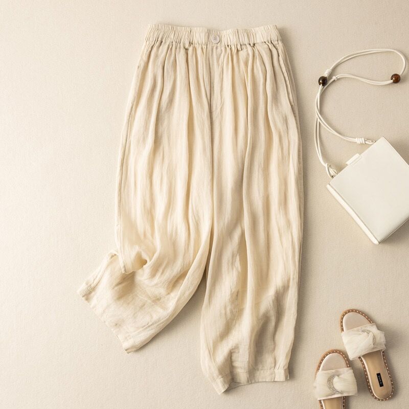 Women's cloudlight linen cropped pants relaxed fit elastic waistband ultra-light airy comfort