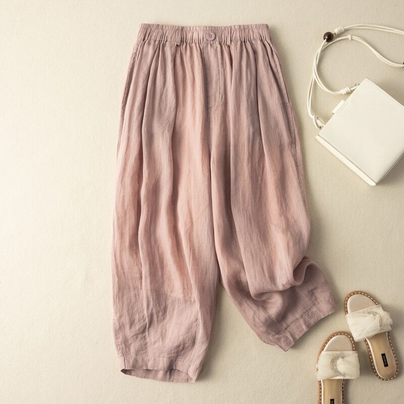 Women's cloudlight linen cropped pants relaxed fit elastic waistband ultra-light airy comfort