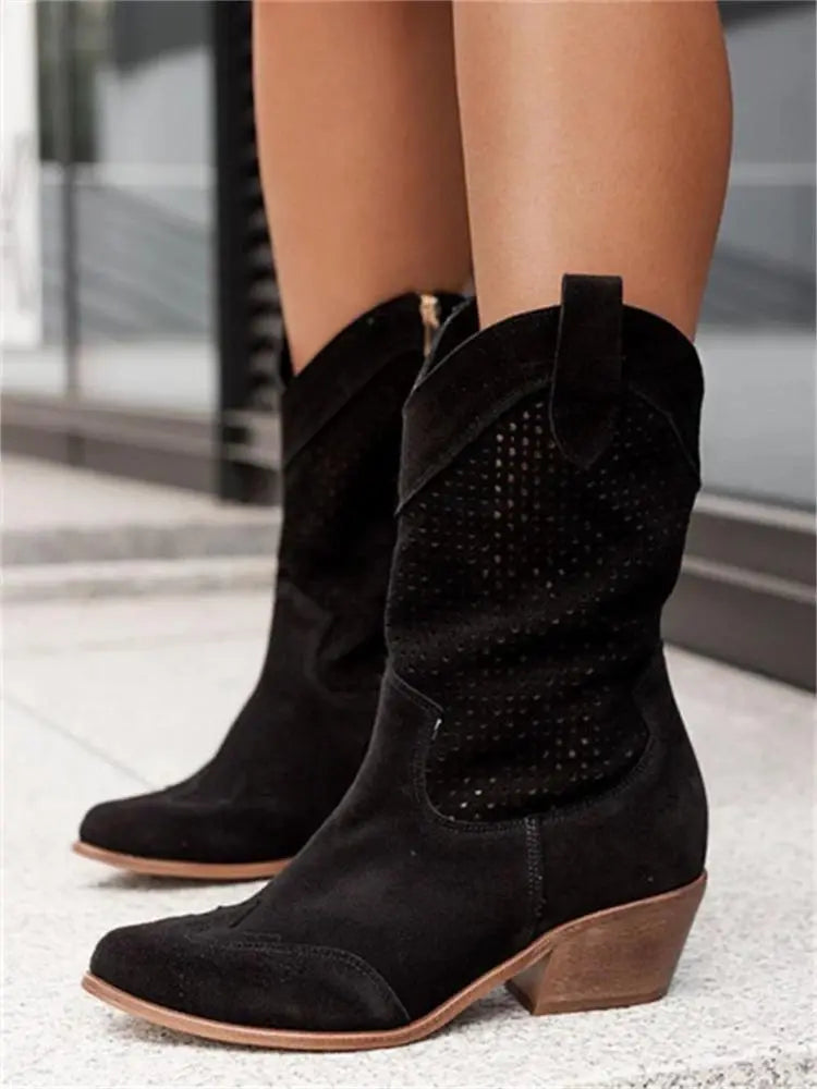 Women's brown low-cut cowboy boots synthetic leather 2.5-inch heel Western chic style
