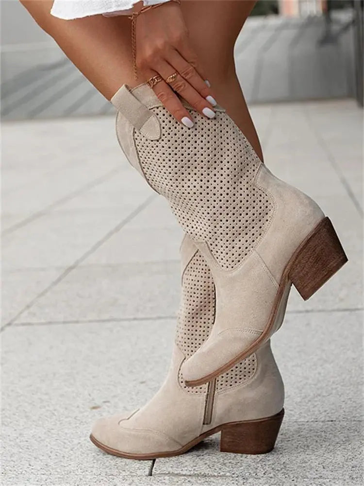 Women's brown low-cut cowboy boots synthetic leather 2.5-inch heel Western chic style