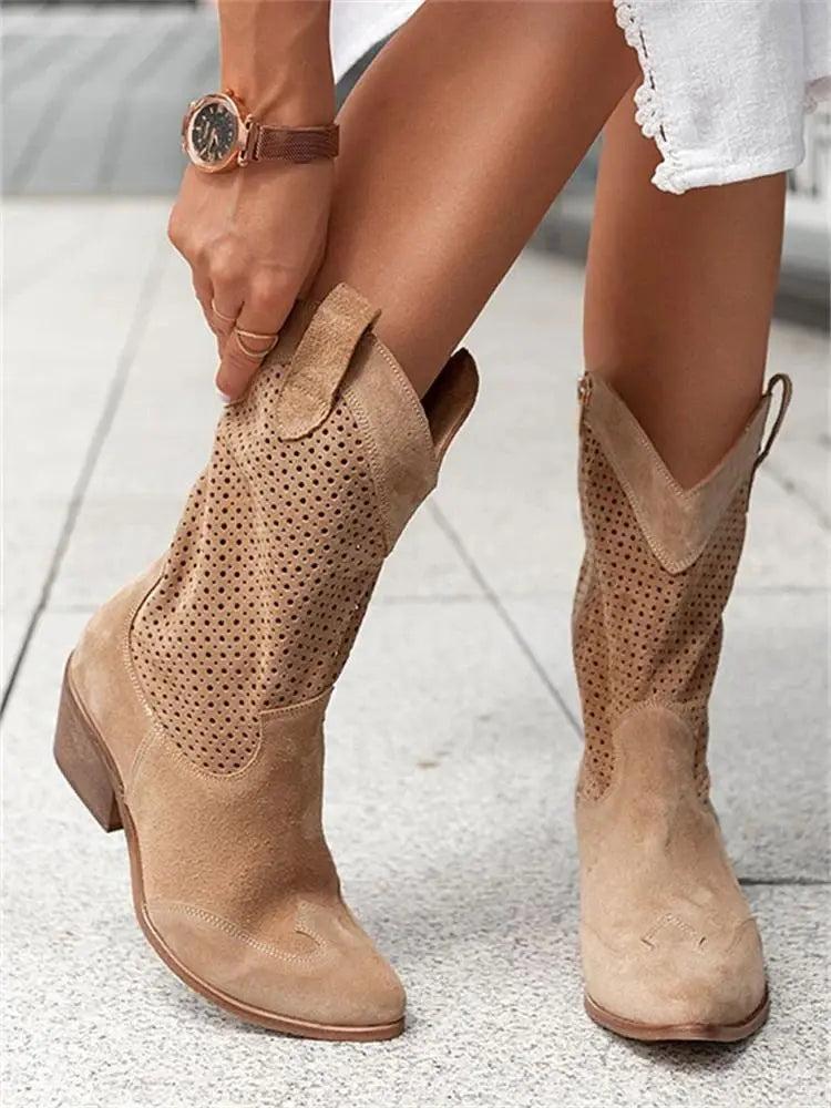 Women's brown low-cut cowboy boots synthetic leather 2.5-inch heel Western chic style