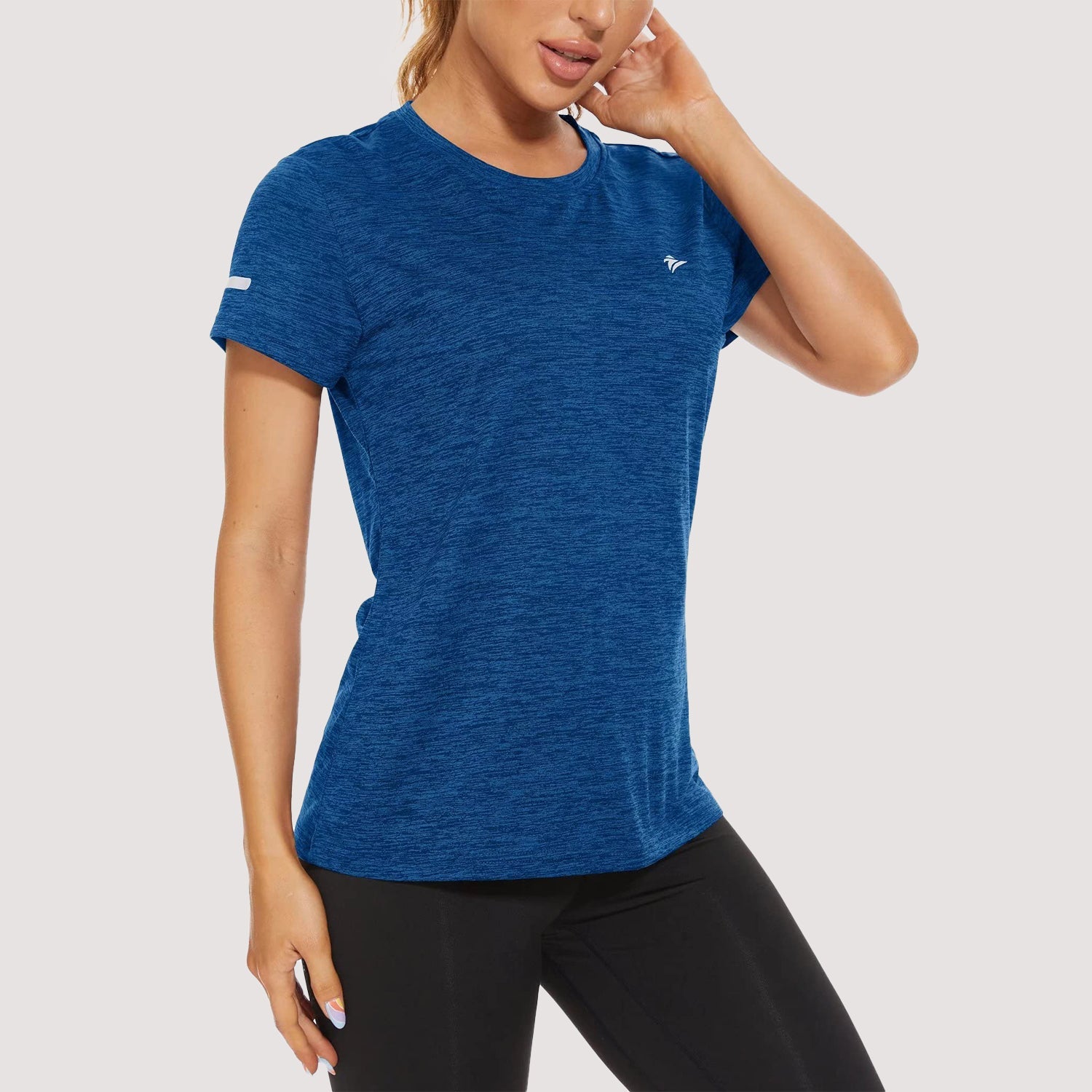 Women's quick-dry moisture-wicking running tee with reflective strips, lightweight polyester activewear