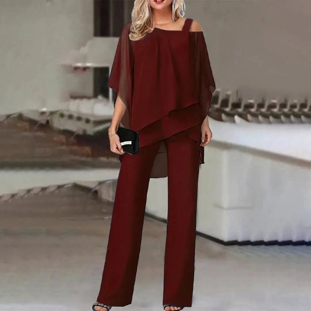 Megan off-shoulder chiffon two-piece jumpsuit set with wide-leg trousers, flowy elegant silhouette