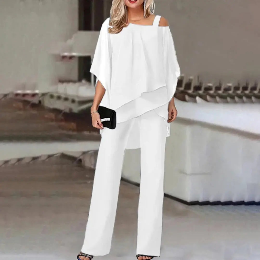 Megan off-shoulder chiffon two-piece jumpsuit set with wide-leg trousers, flowy elegant silhouette