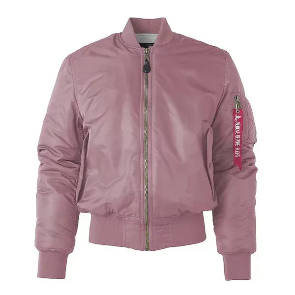 Women's windproof bomber jacket with ribbed cuffs, zip pocket, sleek urban streetwear silhouette