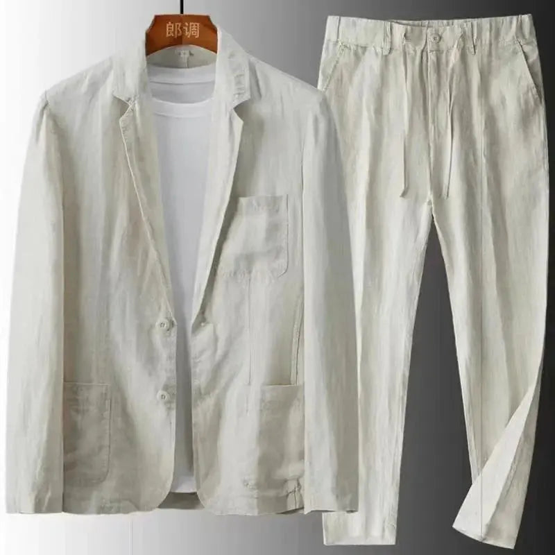 Men's premium beige linen suit slim-fit two-piece, lightweight breathable fabric for weddings