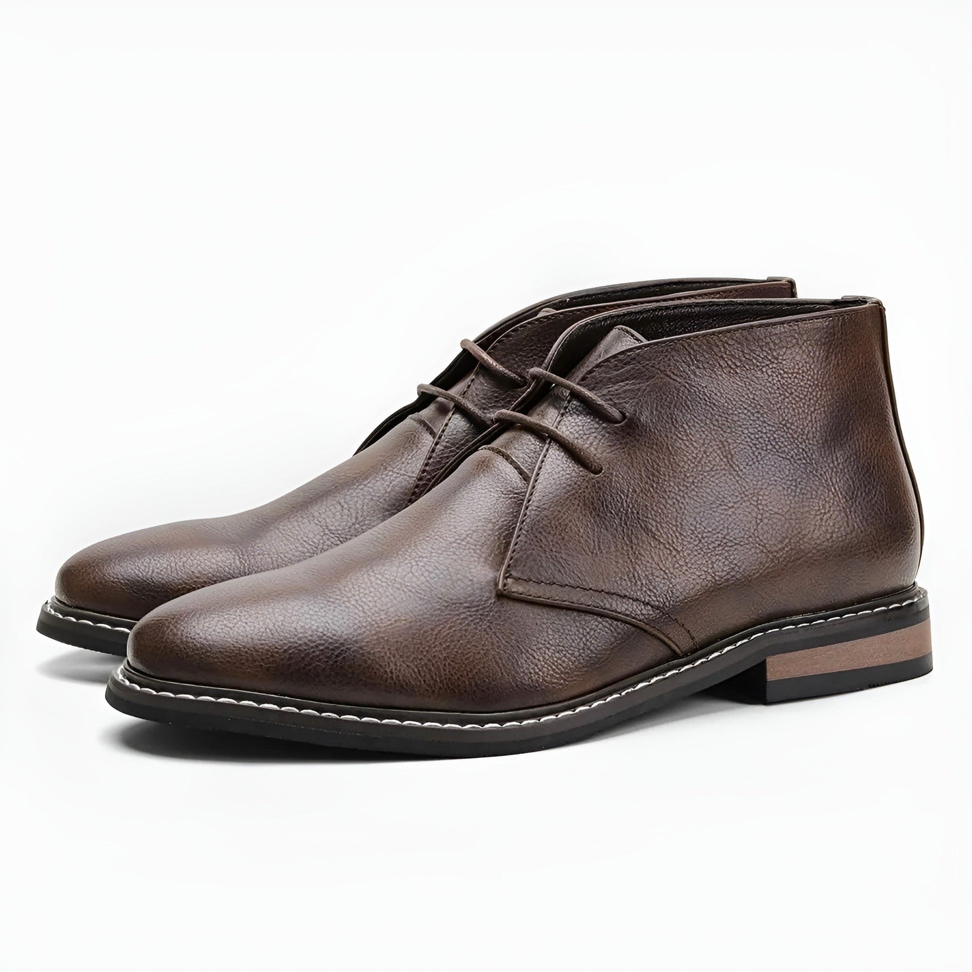 Men's tan genuine leather desert boot with timeless heritage silhouette and non-slip rubber sole