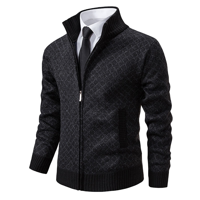 Men's ribbed knit cardigan with zipper front closure, high collar, versatile layering piece for casual style