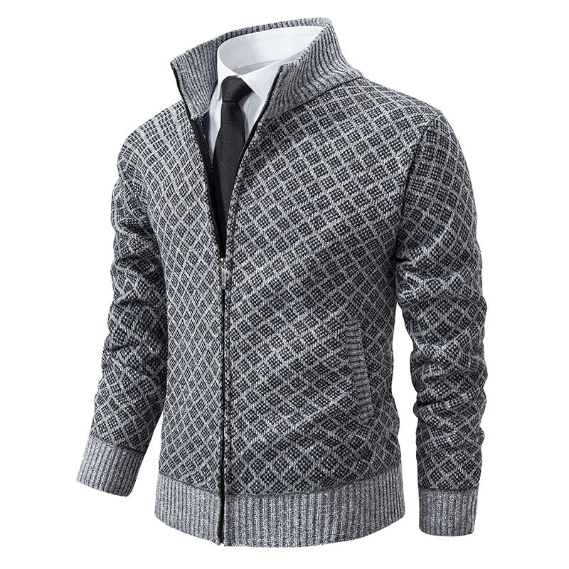 Men's ribbed knit cardigan with high collar, zip front closure, versatile layering piece for smart-casual style