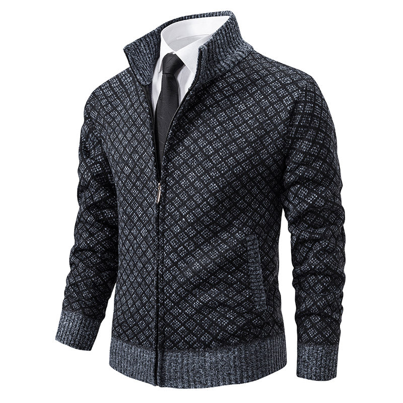 Men's ribbed knit cardigan with zipper front closure, high collar, versatile layering piece