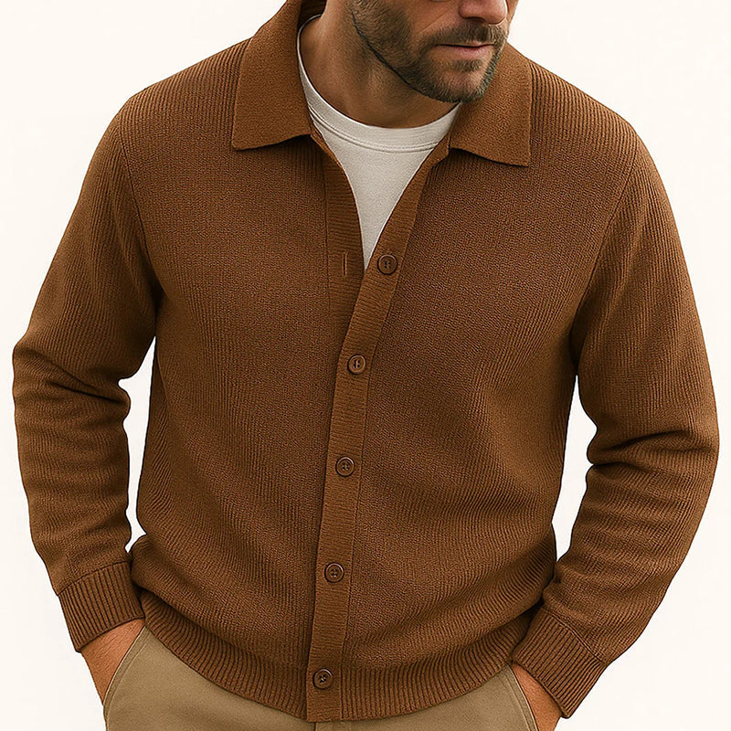 Men's casual knit cardigan with turn-down collar, hip-length layering piece in relaxed fit