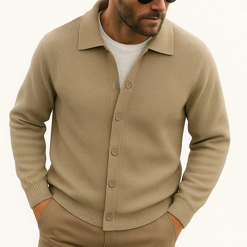 Men's casual knit cardigan with turn-down collar, hip-length layering piece in relaxed fit