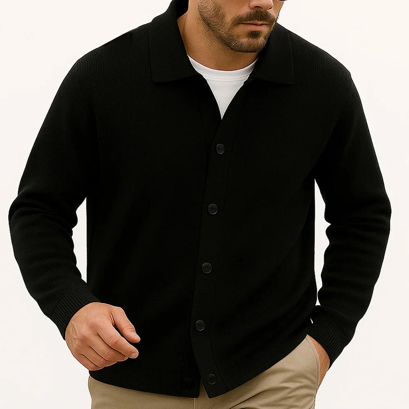 Men's casual knit cardigan turn-down collar hip-length layering piece in neutral tones