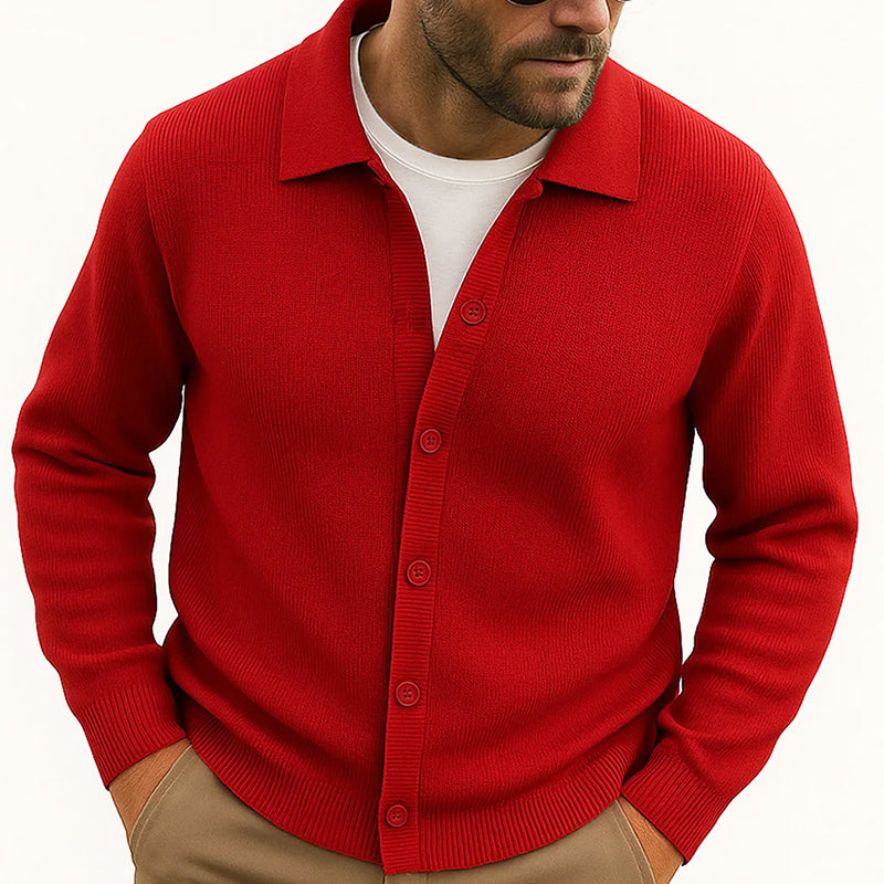 Men's casual knit cardigan turn-down collar hip-length layering piece in neutral tones