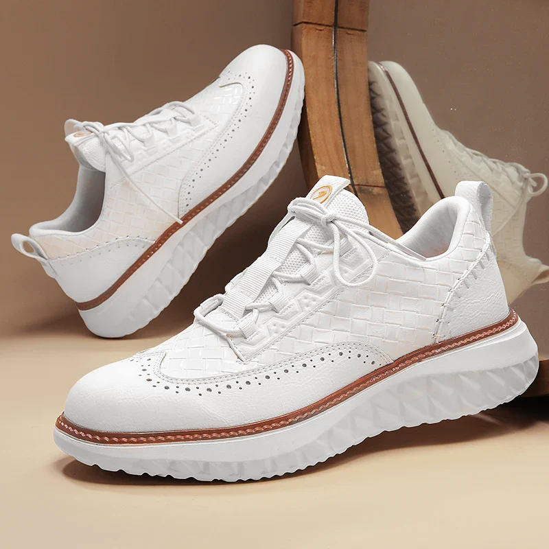 Men's leather Oxford-style sneakers with patterned side panels and sculpted EVA sole for all-day comfort