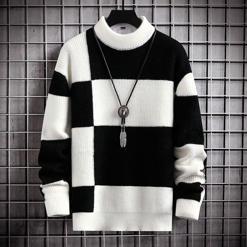 Men's neutral two-tone check knit sweater mock neck casual smart layering autumn winter style