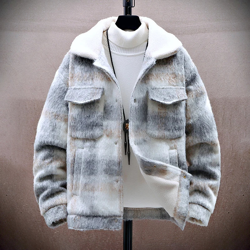 Men's black checkered wool-look jacket with fleece lining, insulated slim-fit winter outerwear
