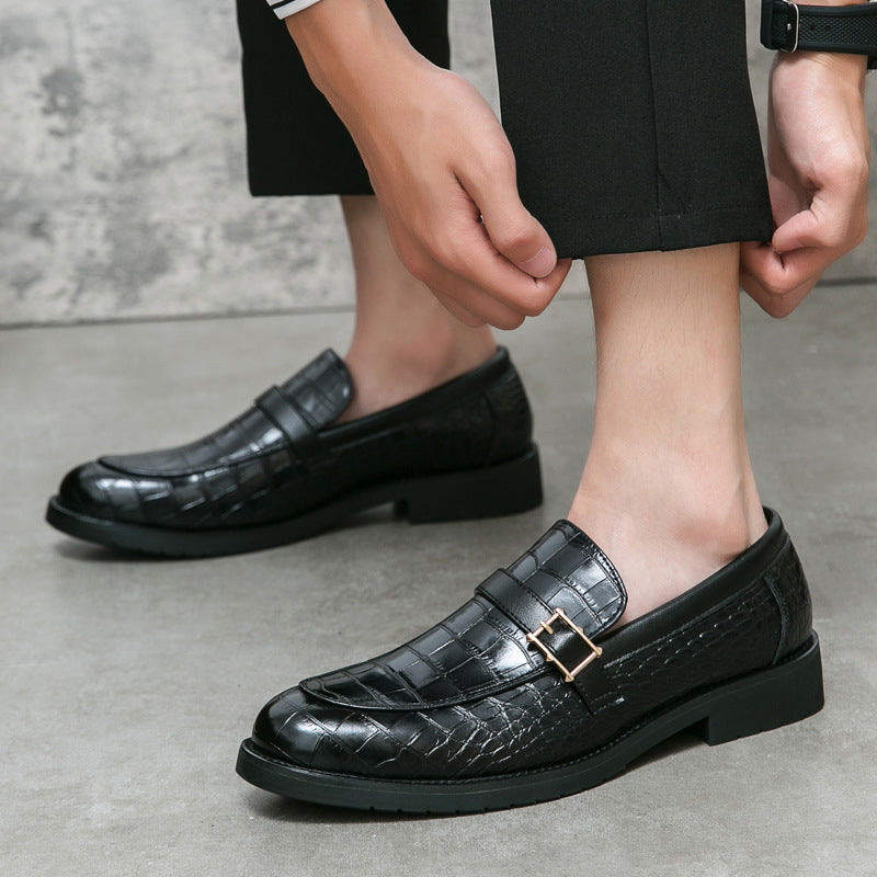 Men's brown crocodile-embossed PU leather slip-on loafers with gold buckle detail and cushioned insole