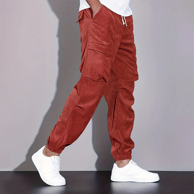 Men's brown corduroy cargo jogger pants with drawstring elastic waist and multiple utility pockets