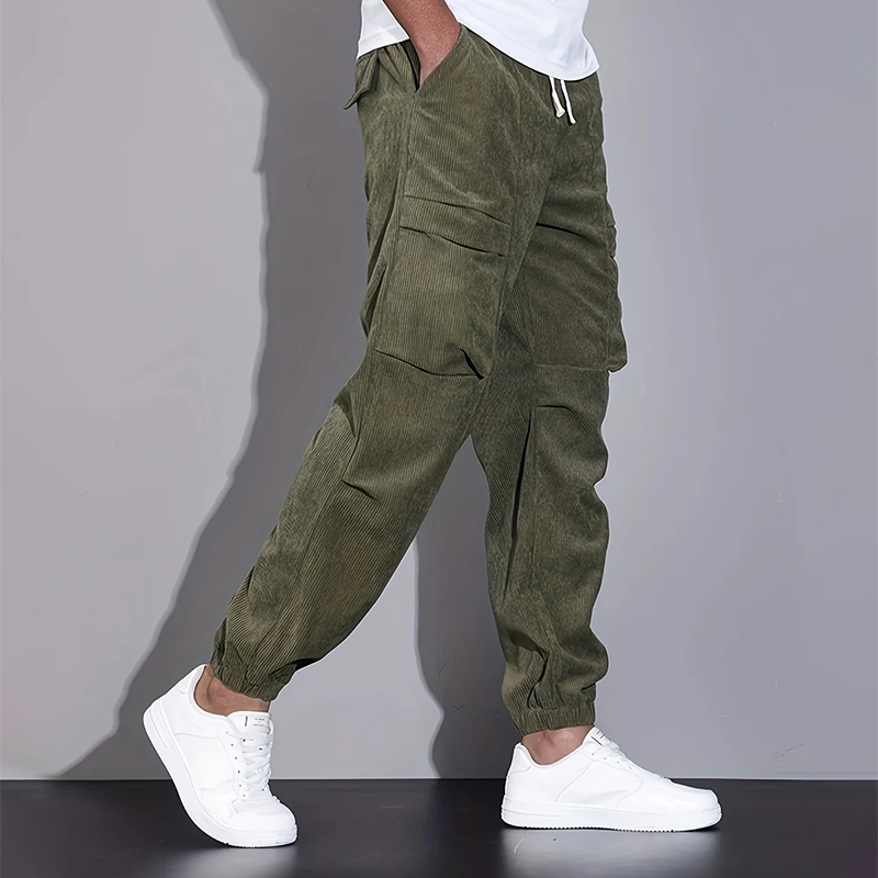 Men's brown corduroy cargo jogger pants with drawstring elastic waist and multiple utility pockets