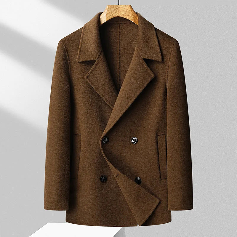 Men's lightweight wool blend double-breasted coat with lapel collar in versatile office-ready style