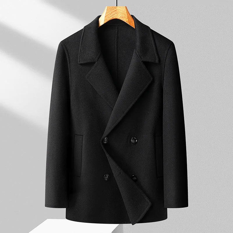 Men's lightweight wool blend double-breasted coat with lapel collar in versatile office style