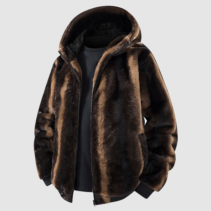 Men's black faux fur hooded jacket full-zip streetwear ultra-soft plush casual outerwear