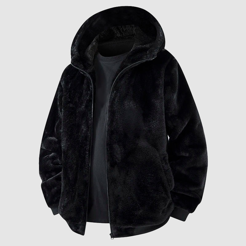 Men's faux fur hooded zip-up jacket warm casual streetwear ultra-soft plush outerwear