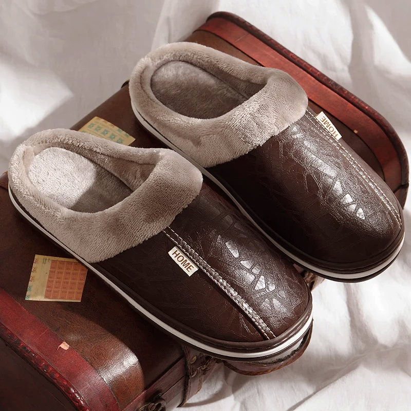 Men's brown faux leather slip-on slippers orthopedic cushioned sole plush lining indoor