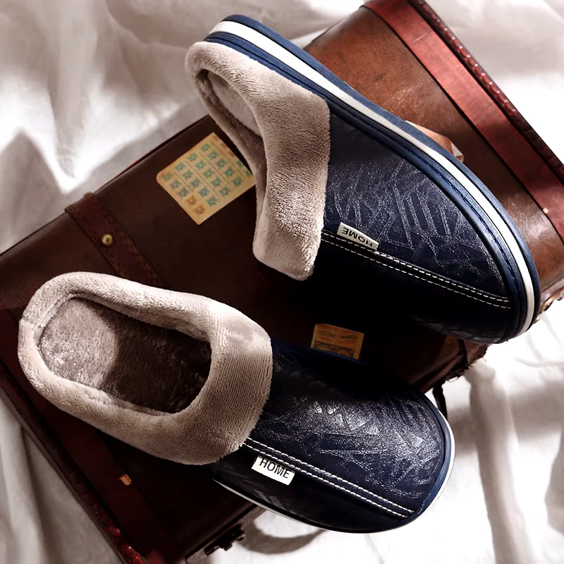 Men's brown faux leather slip-on slippers orthopedic cushioned sole with warm plush lining