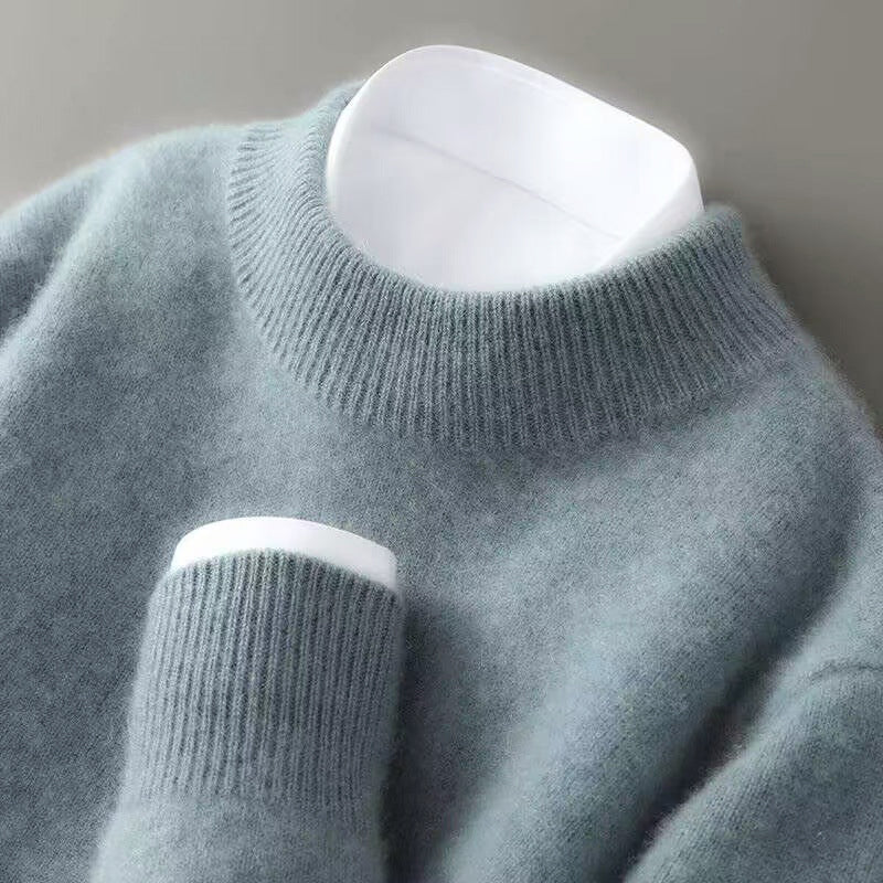 Men's fine wool crew neck sweater warm breathable ribbed collar modern structured fit