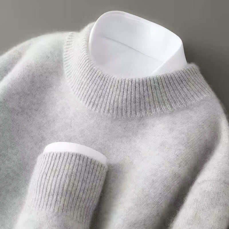 Men's fine wool crew neck sweater warm breathable ribbed collar structured drape modern style