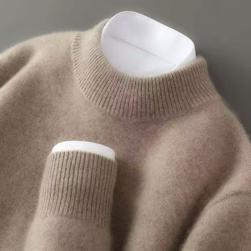 Men's fine wool crew neck sweater warm breathable ribbed collar structured drape modern style