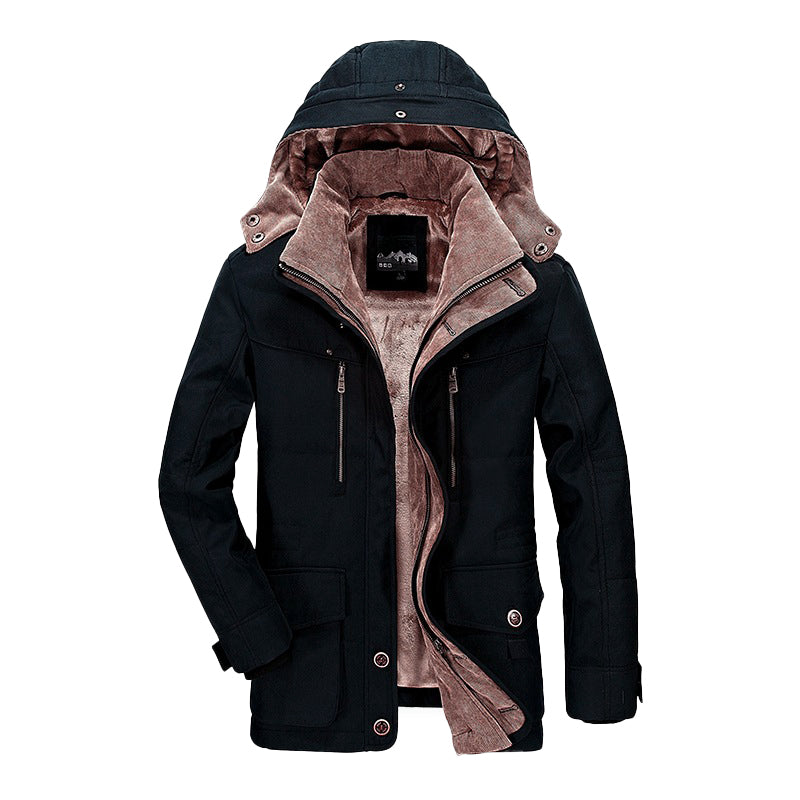 Men's olive green fleece-lined hooded parka jacket with padded construction and multi-pocket design