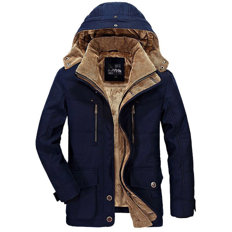 Men's olive green fleece-lined hooded parka jacket with padded construction and multi-pocket design