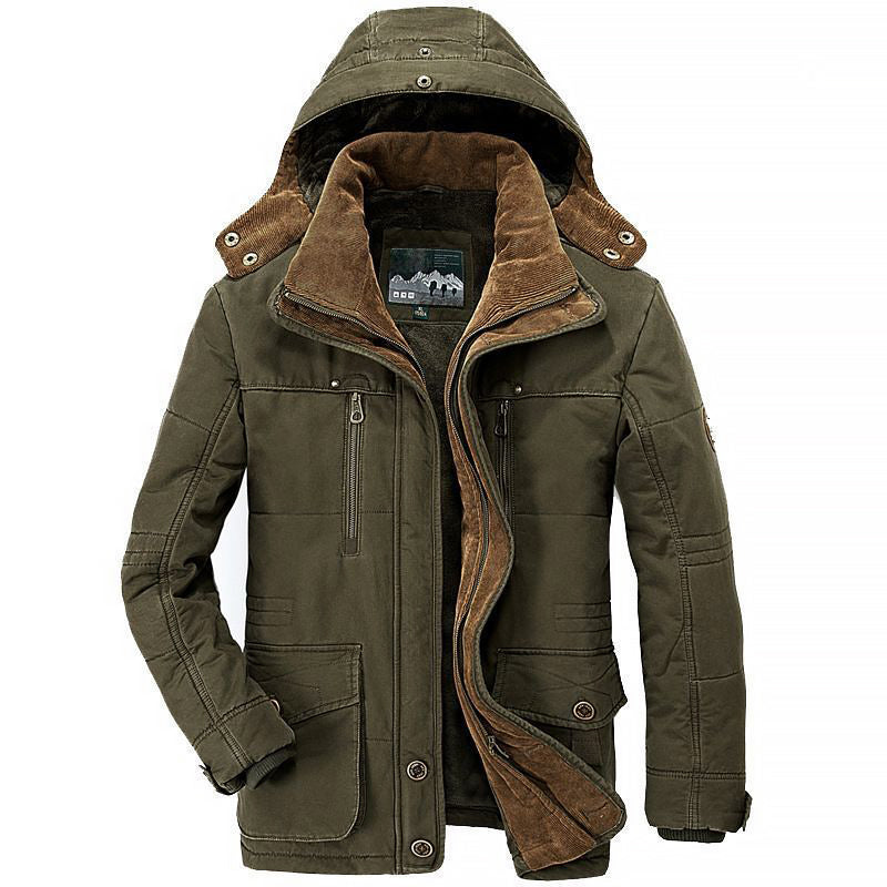 Men's olive green fleece-lined hooded parka jacket with padded construction and multi-pocket design