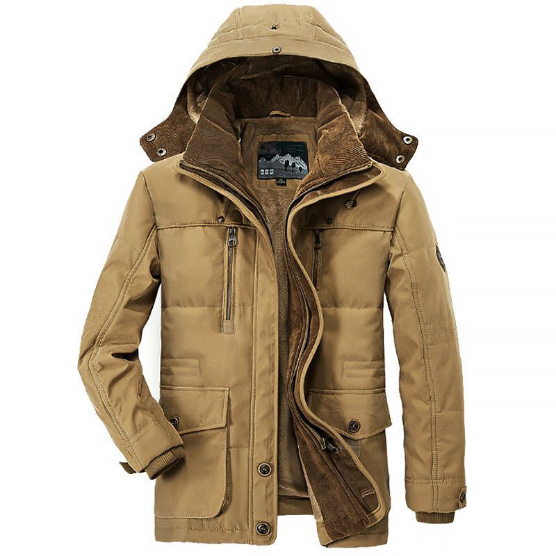 Men's olive green fleece-lined hooded parka jacket with padded construction and multi-pocket design