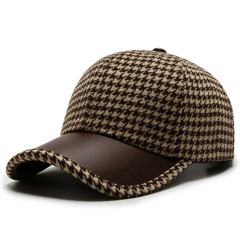 Men's houndstooth structured cap with faux leather visor, two-texture adjustable everyday hat