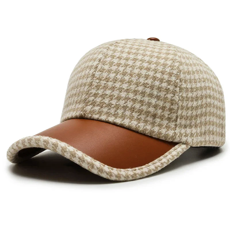 Men's houndstooth structured cap with faux leather visor, two-texture adjustable everyday hat