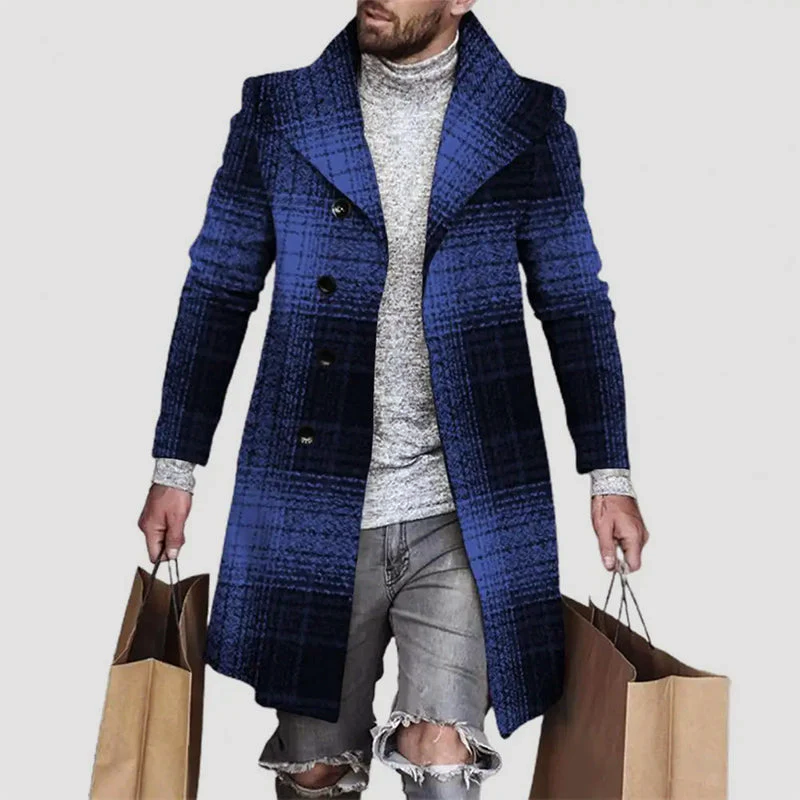 Men's plaid wool blend double-breasted overcoat relaxed fit mid-thigh smart casual patchwork