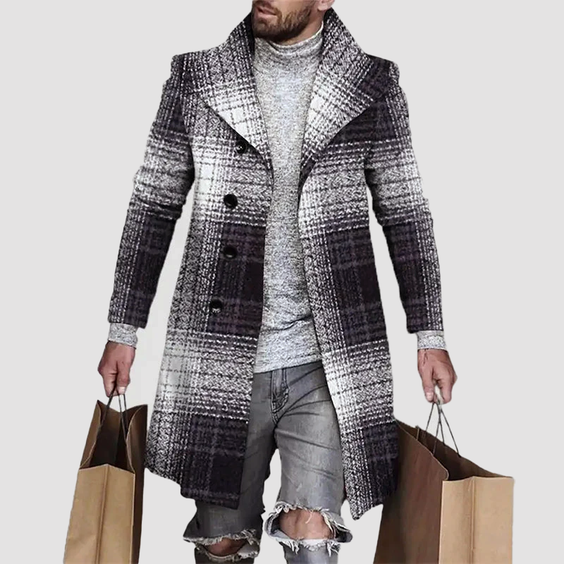 Men's plaid wool blend double-breasted overcoat relaxed fit mid-thigh smart casual patchwork