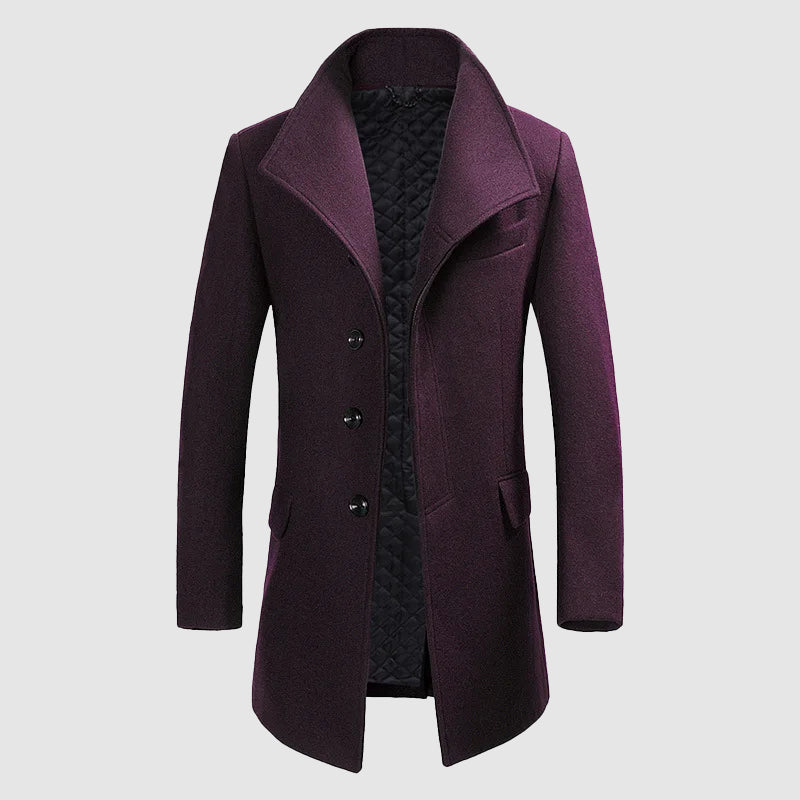 Men's charcoal Merino wool blend overcoat tailored fit with distinctive high stand-up collar