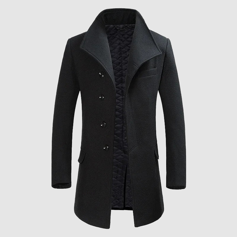 Men's charcoal merino wool blend overcoat tailored fit with distinctive high stand-up collar
