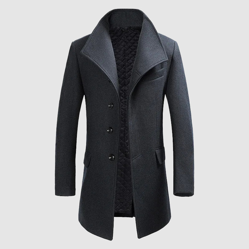 Men's charcoal Merino wool blend overcoat tailored fit with distinctive high stand-up collar